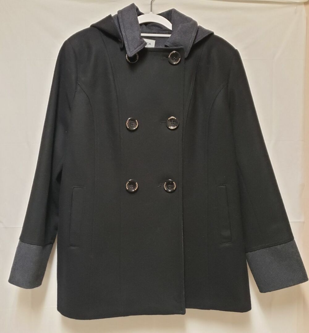 Nautica Women’s Wool Blend Hooded Peacoat Black Gray Trim XL NWOT Warm Winter